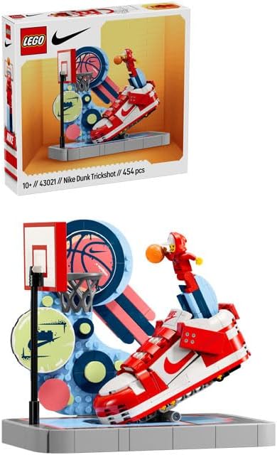 Brick-built sneaker launcher beside a basketball hoop and player minifigure