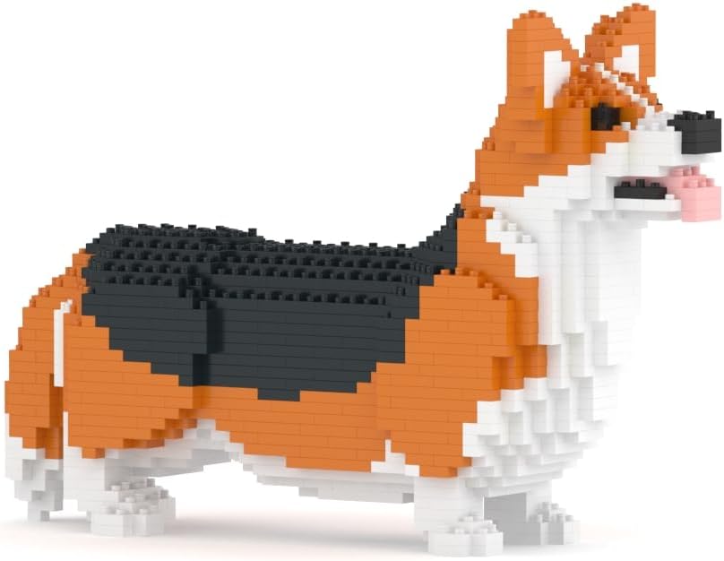 Built Welsh Corgi dog sculpture made of small plastic building blocks – view 2
