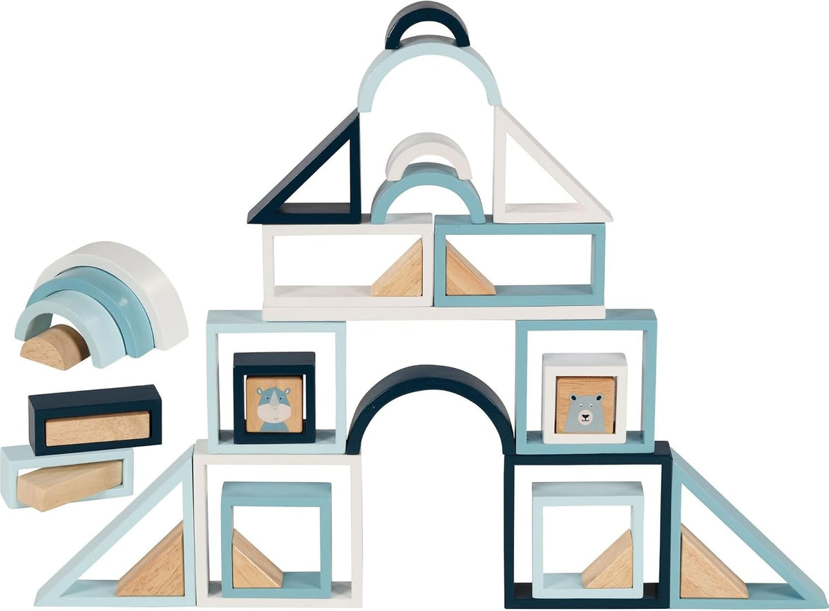Colorful wooden building blocks with hippo and polar bear in a wooden box