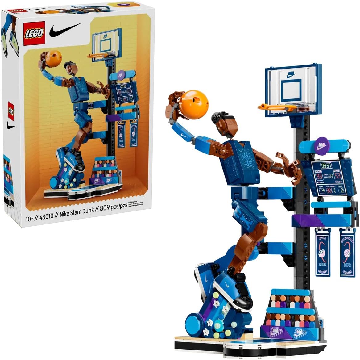 Brick-built basketball player figure dunking at a hoop