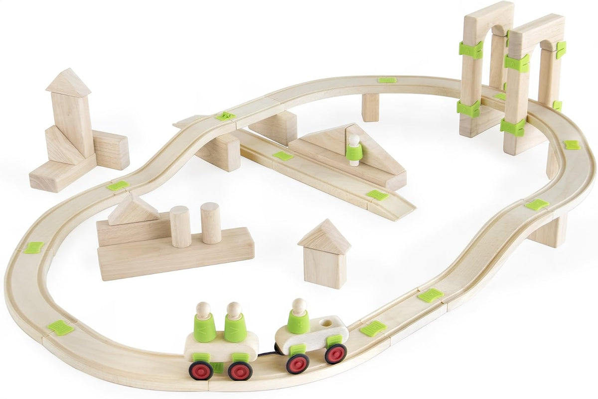 Set of 55 wooden science blocks arranged in a structure