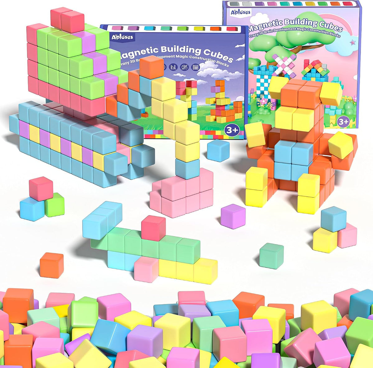 Colorful magnetic building cubes stacked into towers and shapes