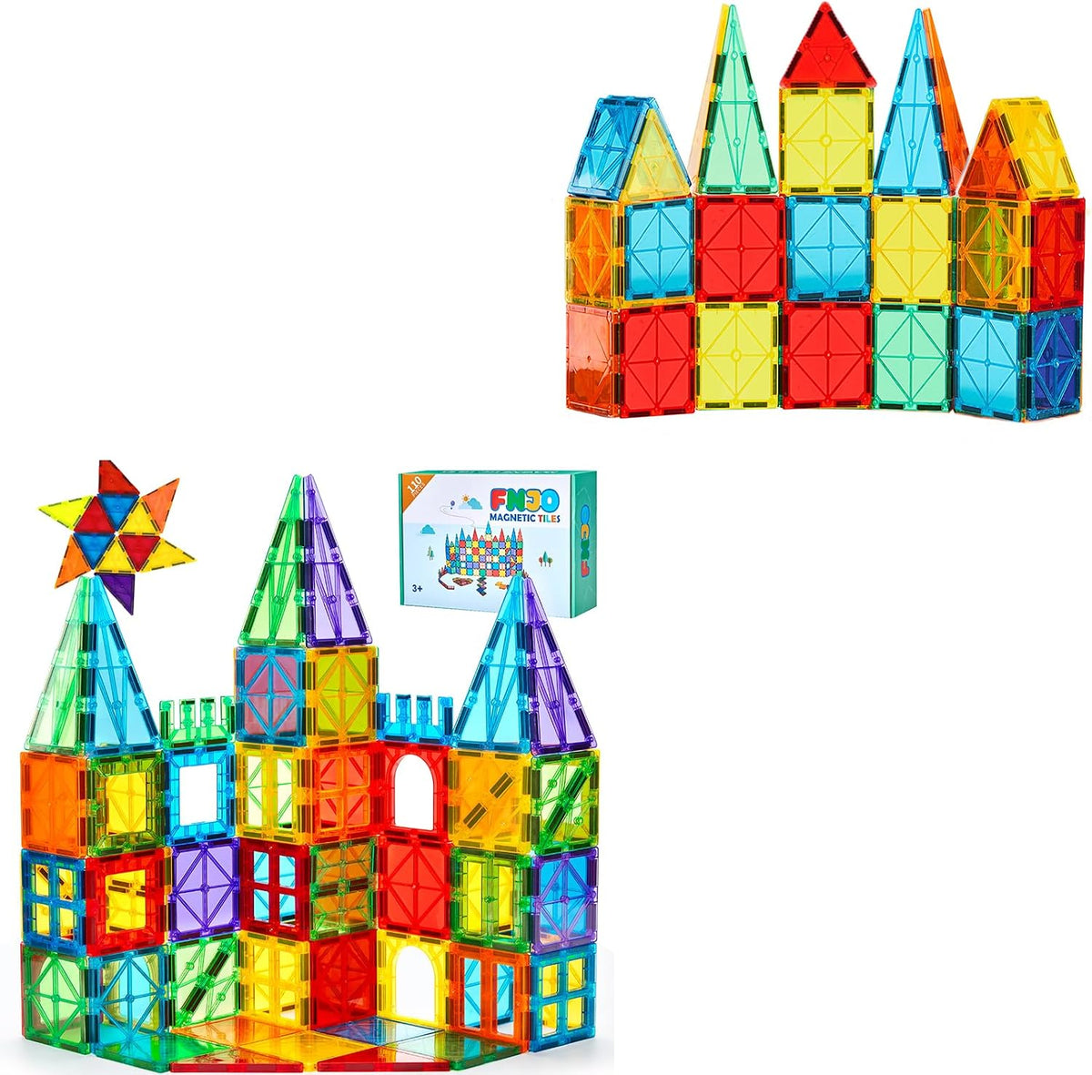 Colorful magnetic tiles built into towers and geometric shapes