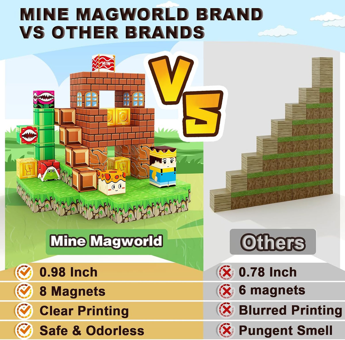 Pixel-style magnetic blocks built into a blocky landscape with characters