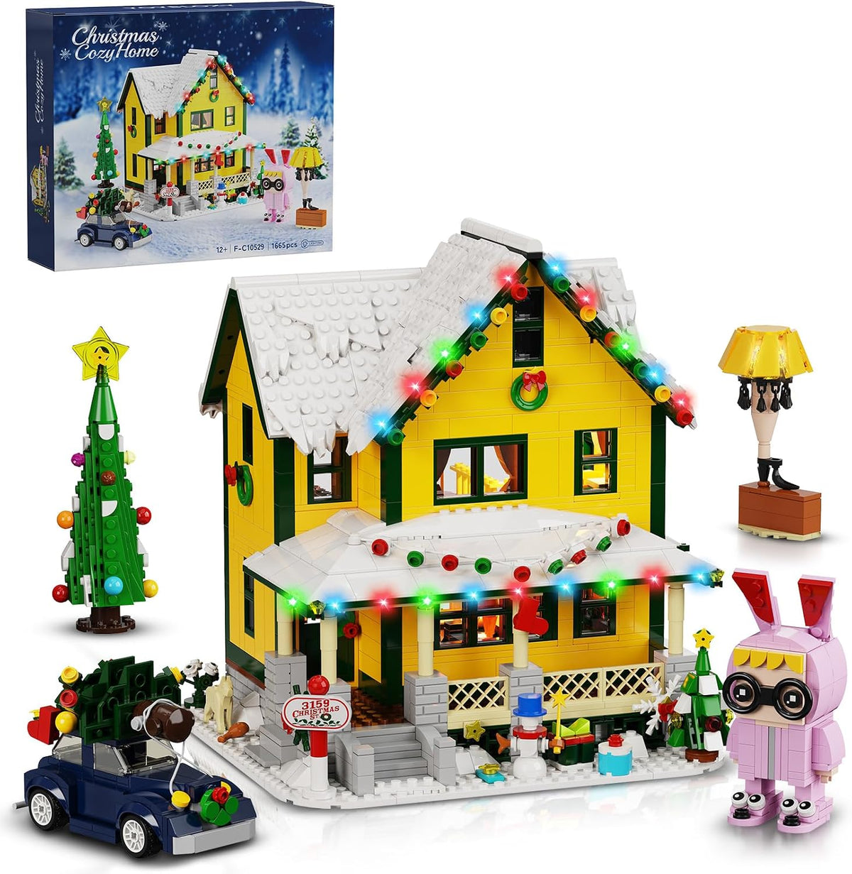 Lit yellow Christmas house brick model with colorful lights, tree and car