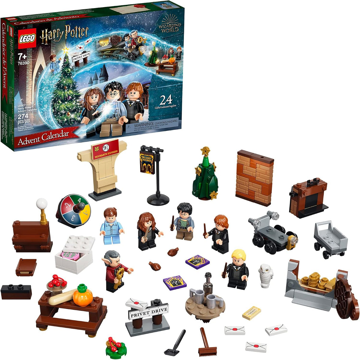 Holiday advent calendar with small wizard-themed brick builds and figures