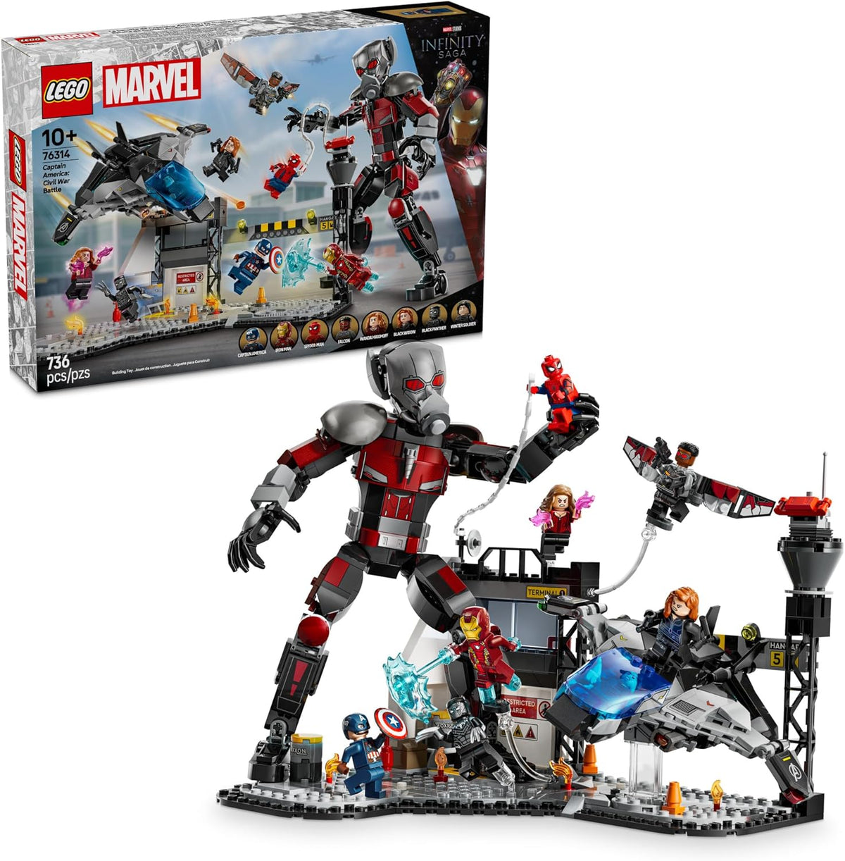 Brick-built airport battle scene with superhero minifigures, jet and a giant figure