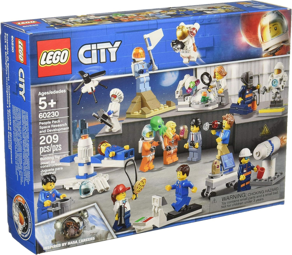 Space research crew figures with G-force trainer, drone and test rocket builds