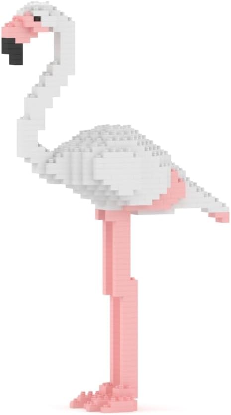 Pink brick-built flamingo sculpture standing on one leg – view 2