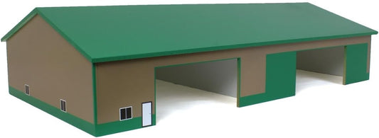Tan and green 1/64 scale pole barn model with two large doors and removable roof
