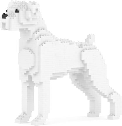Sitting Boxer dog sculpture built from small brown and white plastic bricks – view 3