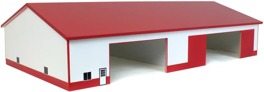 White and red wooden 1/64 scale pole building with two doors and removable roof