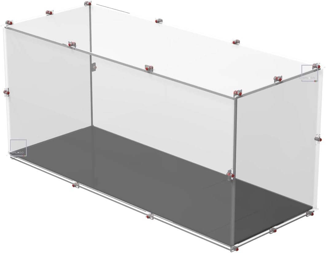 Clear acrylic display case with black base holding a kart racer brick model
