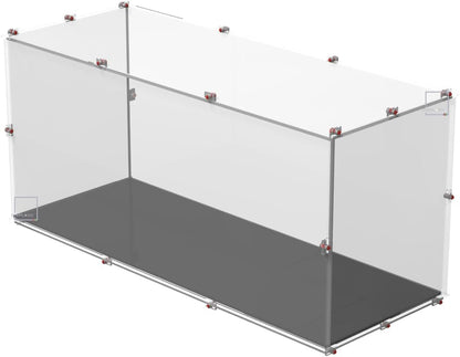 Clear acrylic display case with black base holding a kart racer brick model