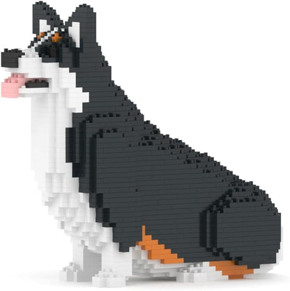 Brick-built Welsh Corgi sculpture in orange and white standing on four short legs – view 4