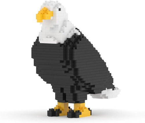 Lifelike bald eagle sculpture built from small plastic blocks