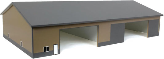 Tan and gray 1:64 scale wooden pole barn with two doors and removable roof