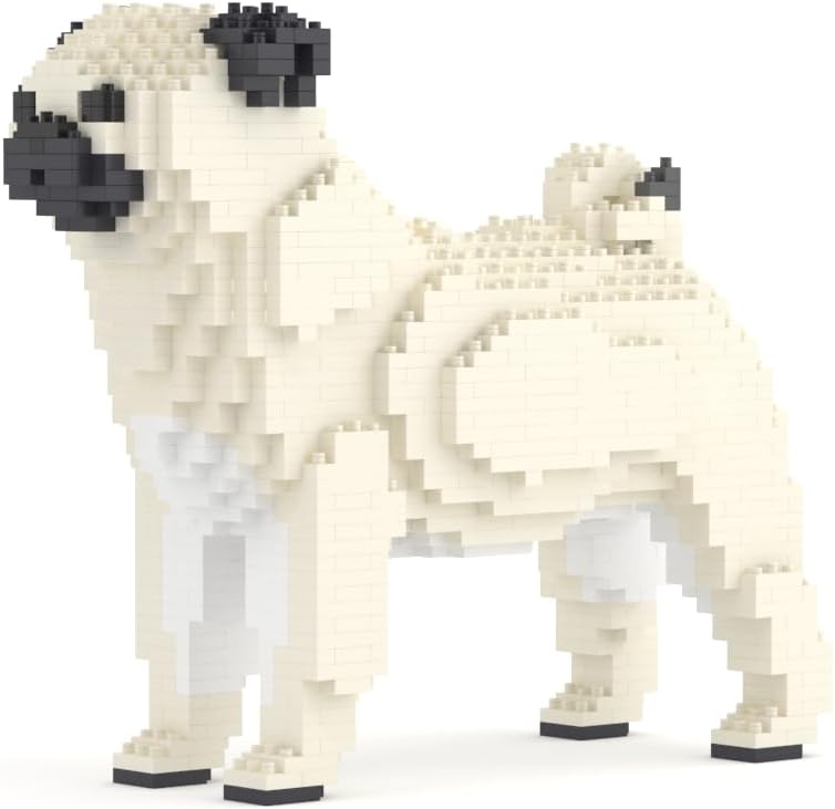 Brick-built cream Pug dog sculpture sitting with wrinkled black face – view 3