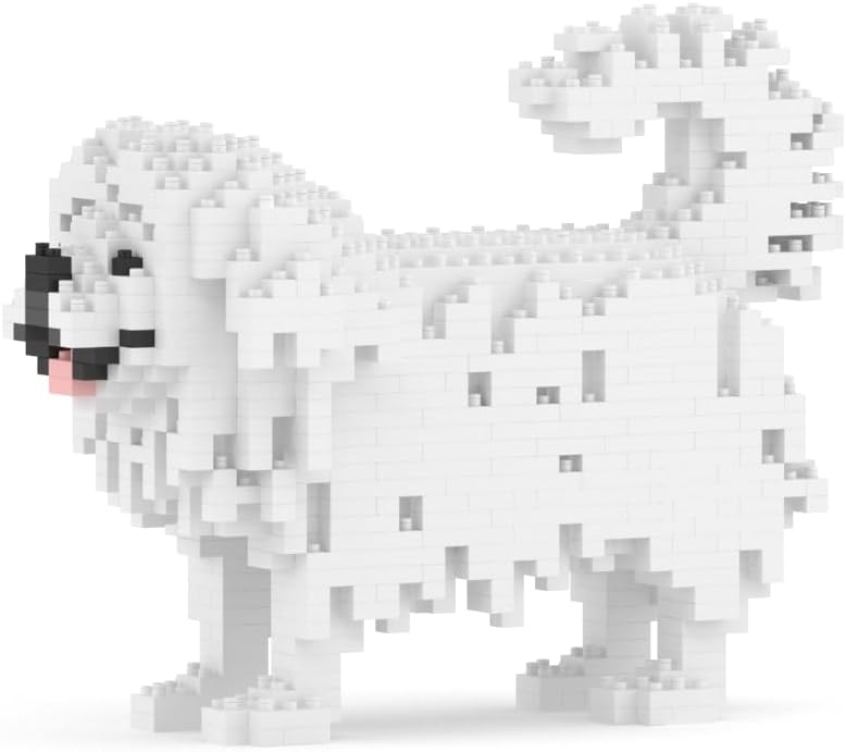 Brick-built fluffy Pekingese dog sculpture with long ear fur