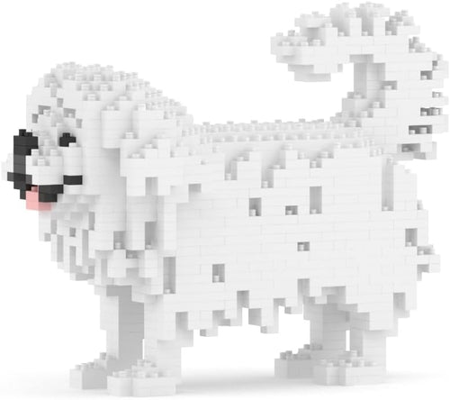 Brick-built fluffy Pekingese dog sculpture with long ear fur
