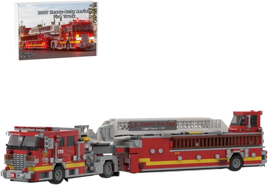 Brick-built red aerial ladder fire truck with yellow stripes and raised ladder