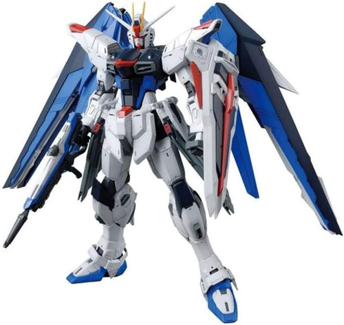 Assembled white, blue and red winged mech robot model with outstretched wings on a stand