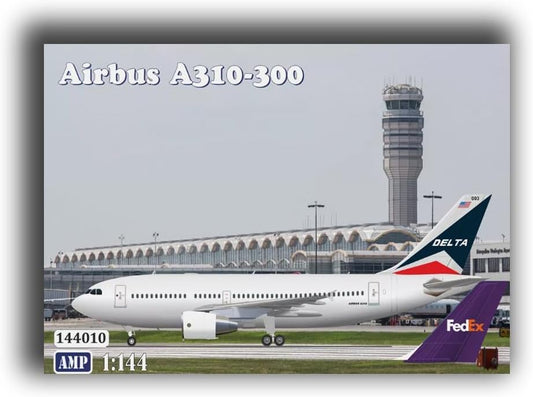 Assembled 1/144 scale twin-engine wide-body airliner plastic model in white livery