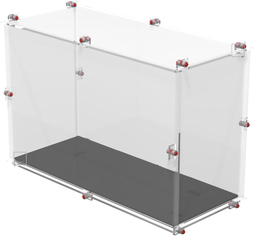 Clear acrylic display case on a black base holding a plumber hero and green dinosaur brick model