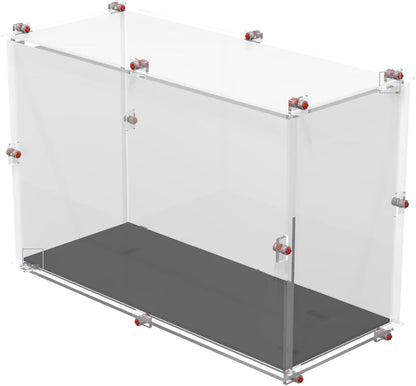 Clear acrylic display case on a black base holding a plumber hero and green dinosaur brick model