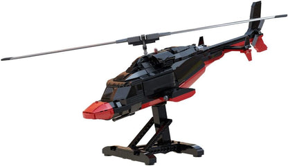 Brick-built black and white twin-turbine helicopter with sleek fuselage