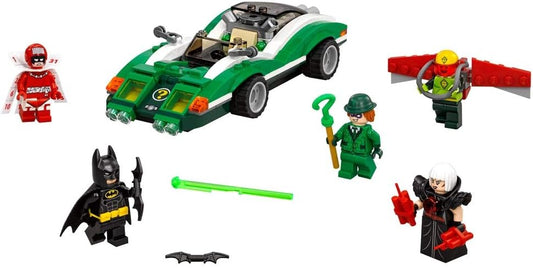Green and purple puzzle-themed race car brick build with a caped hero and four villain figures