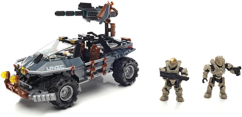 Brick-built armored sci-fi combat buggy with roof cannon and two figures