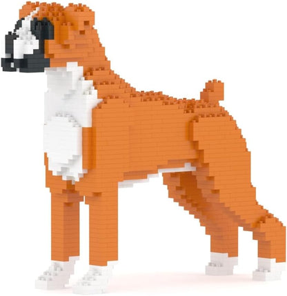 Sitting Boxer dog sculpture built from small brown and white plastic bricks – view 2