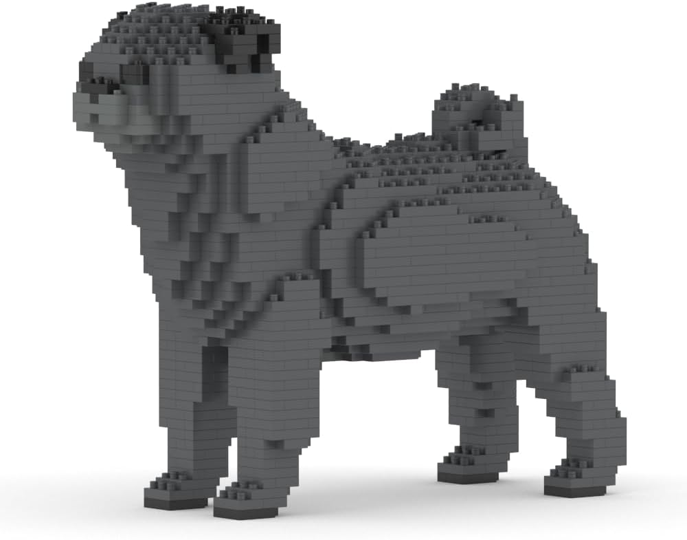 Brick-built cream Pug dog sculpture sitting with wrinkled black face