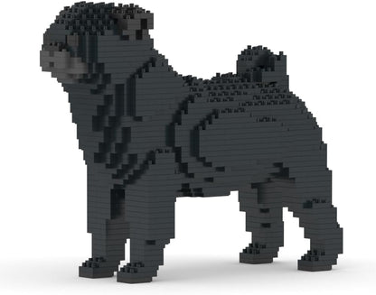 Brick-built cream Pug dog sculpture sitting with wrinkled black face – view 2