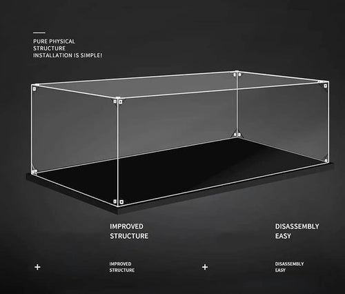 Clear acrylic display case holding a brick-built potted orchid