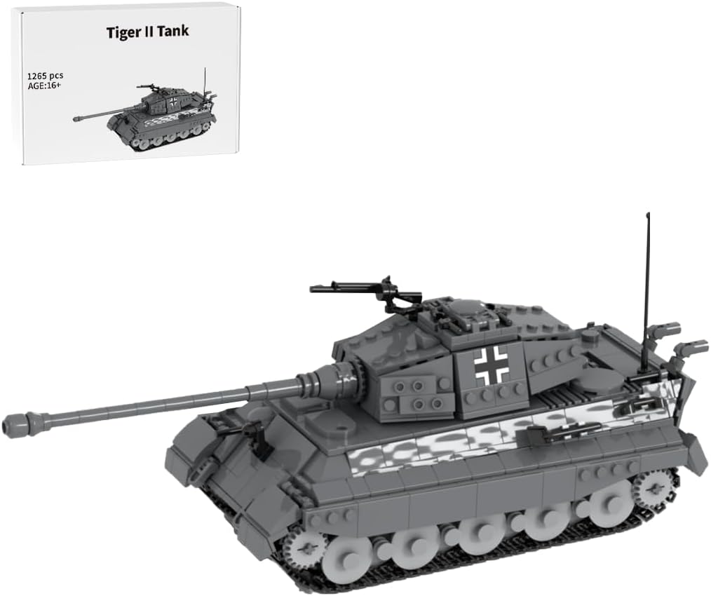 Brick-built King Tiger heavy tank in camouflage with long gun, side view