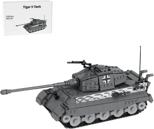 Brick-built King Tiger heavy tank in camouflage with long gun, side view
