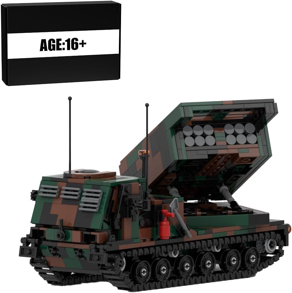 Camouflage brick-built tracked rocket launcher vehicle