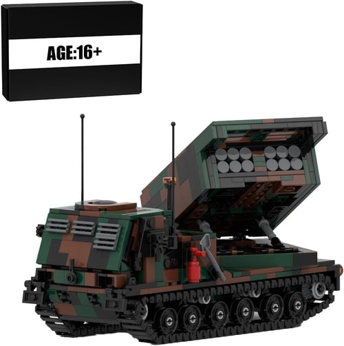 Camouflage brick-built tracked rocket launcher vehicle