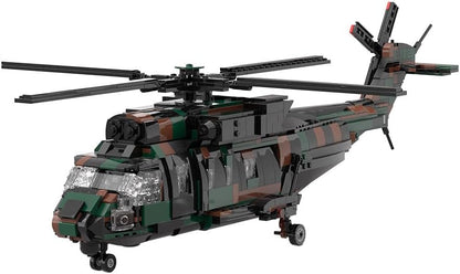 Gray brick-built naval maritime helicopter with four-blade rotor – view 3