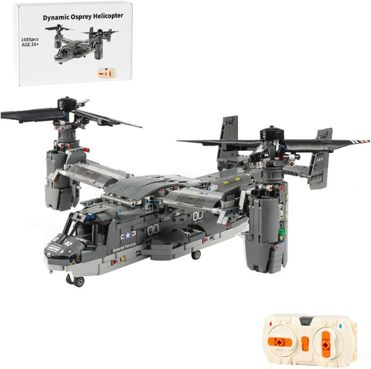 Built gray tilt-rotor military transport aircraft brick model with rotors raised