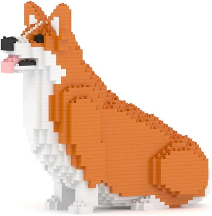 Brick-built Welsh Corgi sculpture in orange and white standing on four short legs