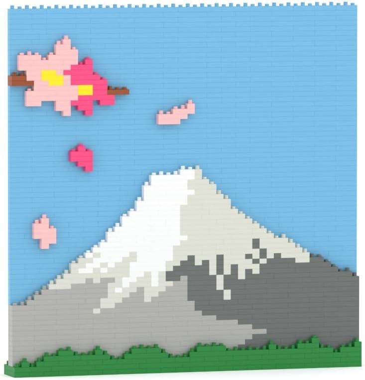 Brick mosaic artwork of snowcapped Mount Fuji against a blue sky