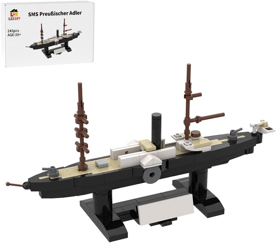 Gray and black brick-built armored cruiser with deck cannons and twin funnels – view 2