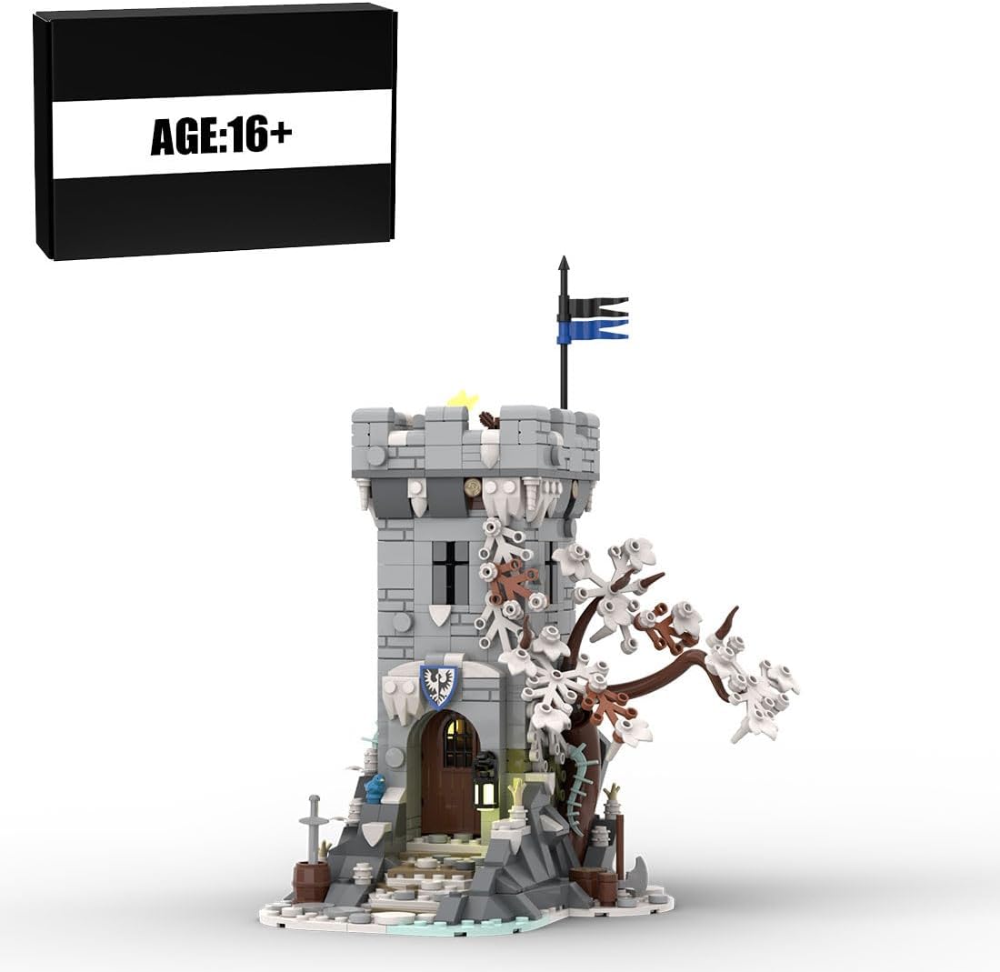 Snow-covered brick-built medieval stone watch tower with wooden top