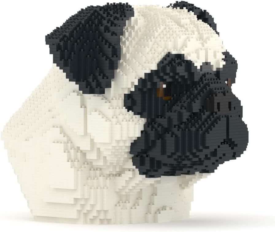 Gray and white brick-built schnauzer dog bust on a desk – view 5