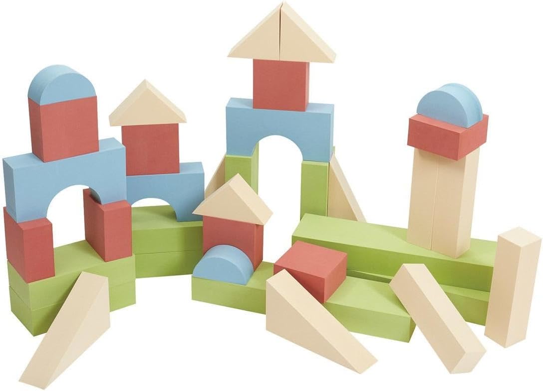Colorful jumbo foam building blocks stacked into a tower