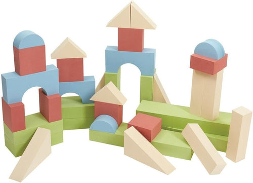 Colorful jumbo foam building blocks stacked into a tower
