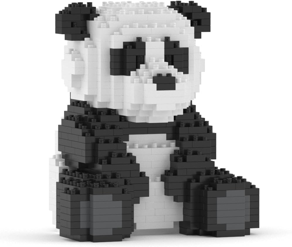 Brick-built black and white panda sculpture sitting upright – view 3
